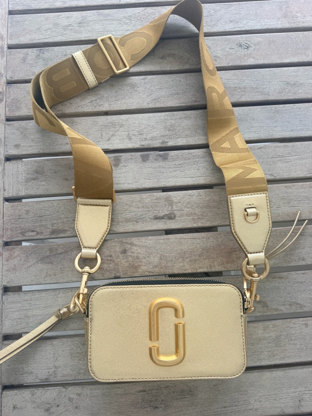 Marc Jacobs brand new Gold Crossbody Camera Bag with Wide Branded Strap